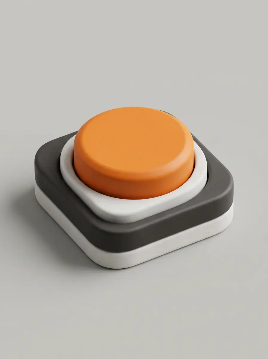 Ilustração 3D em cerâmica de botão tátil de acionamento em laranja GeekLabor operando na base modular.