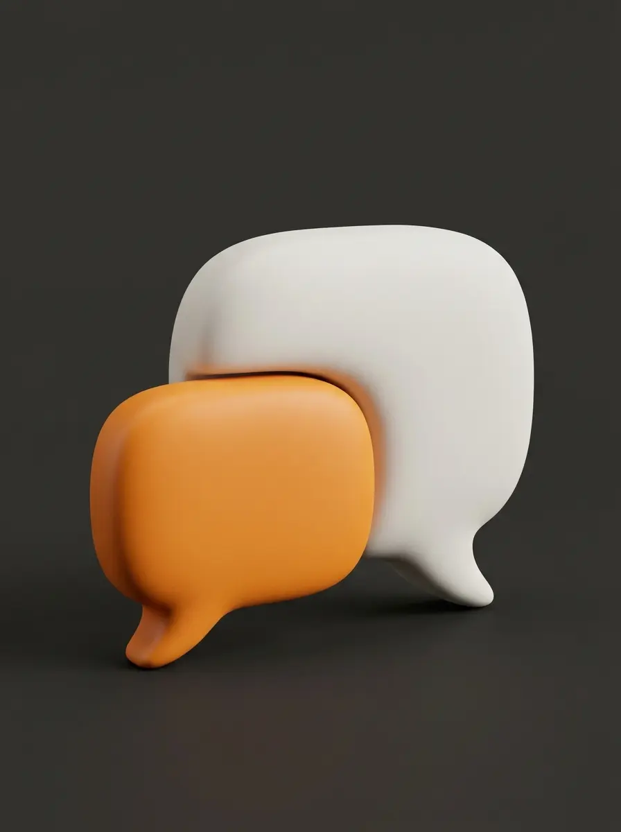 Ilustração 3D em cerâmica de balões de conversa táteis em diálogo aberto.