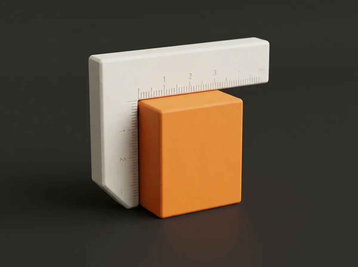 Ilustração 3D em cerâmica de esquadro e calibração de precisão sobre bloco em laranja sob medida.